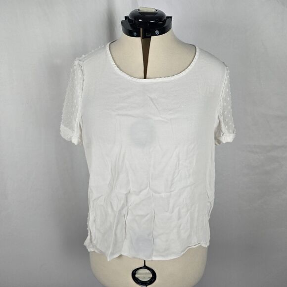 MNG Suit Blouse Women's L White Solid Front Fabric Dot Back Sheer Short Sleeve - Picture 1 of 14